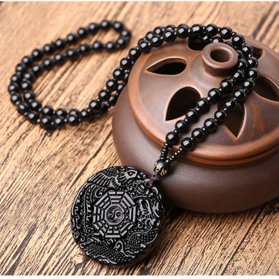 Dây chuyền nam nữ Unisex phong thủy LONG PHỤNG SUM VẦY bát quái may mắn bình an, dây chuỗi, mặt đá huyền đen