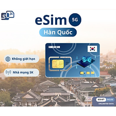 eSIM du lịch Hàn Quốc – 3/5/7 Ngày, 1GB/2GB/3GB/ngày + Dữ liệu không giới hạn