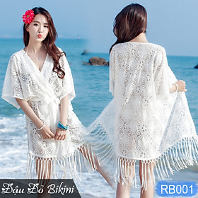 Áo choàng ren cao cấp, dáng kimono khoác dài phối rua điệu, có dây lưng tiện dụng, dễ phối đồ khi đi biển, du lịch, party | RB001