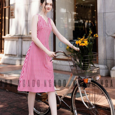 Đầm caro đỏ cổ tim NGADO , đầm nữ , Đầm vintage , Đầm mùa hè , Đầm dạo phố , Đầm xinh , Đầm thiết kế