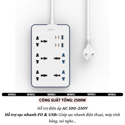Ổ cắm điện đa năng 11 in 1 2500W WIWU Wi-S006 PS524 4 cổng Type-C (PD 20W), 2 cổng USB-A (2.4A), 5 ổ cắm AC, dây điện dài 2m, Chống cháy, Chip Ai an toàn sạc cho iPhone ipad Macbook Vivo oppo samsung huawei - Hàng nhập khẩu