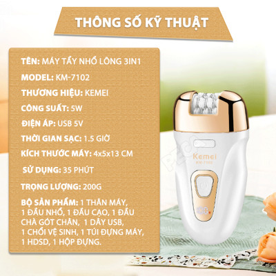 Máy tẩy lông đa năng 3in1 Kemei KM-7102 gồm 3 đầu thay thế chuyên dụng nhổ lông, cạo lông, chà gót chân sử dụng toàn thân - Chính hãng