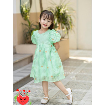 Đầm babydoll hoa cho bé gái tay phồng phong cách Hàn Quốc từ 12-35kg chất vải tơ mềm mát