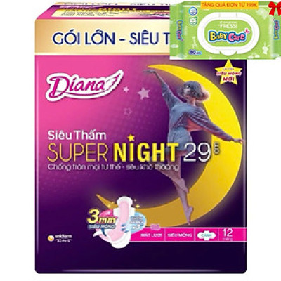 Gói Lớn 12 Miếng | 1 Gói Băng Vệ Sinh Diana Supernight 29cm 12 Miếng/Gói- Date luôn mới