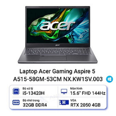 Laptop Acer Gaming Aspire 5 A515-58GM-53CM NX.KW1SV.003 (Intel Core i5-13420H | RTX 2050 4GB | 32GB | 512GB | 15.6 inch FHD | Xám | Win 11) - HÀNG CHÍNH HÃNG