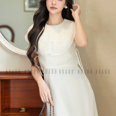 Đầm kem cổ xếp tầng NGADO , đầm xòe