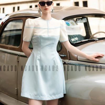 Đầm xanh mint phối trắng NGADO , đầm nữ , Đầm ngắn trẻ trung , Đầm thiết kế