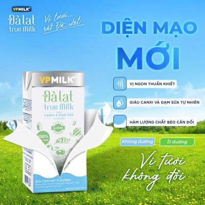 Sữa tươi UHT Đà Lạt True Milk VPMilk ÍT ĐƯỜNG thể tích 180ml (Thùng 48 hộp)