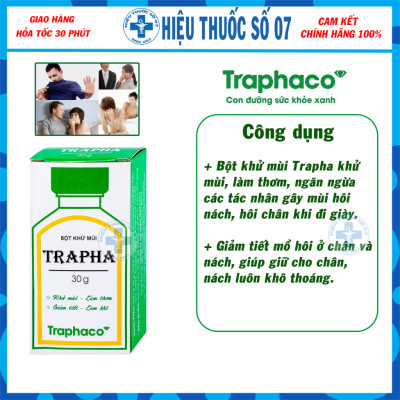 Bột khử mùi Trapha Traphaco hỗ trợ khử mùi, làm thơm, ngăn ngừa mùi hôi nách, hôi chân khi đi giày (30g)