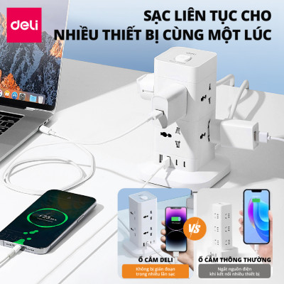 Ổ Cắm Điện Đa Năng DELI Sạc Nhanh TypeC USB PD20W 2-12 Ổ Vuông Dẹt Chịu Tải 2500W, Cầu Chì Tự Ngắt