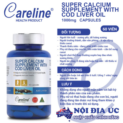 Super Calcium Supplement With Cod Liver Oil 1000mg Careline hộp 60 viên bổ sung canxi và omega 3