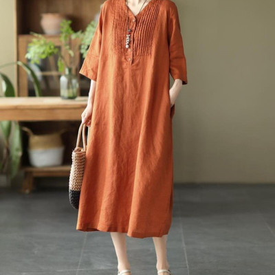 Đầm linen cổ V tay lỡ, form suông dài rộng, style Hàn Quốc trẻ trung NH190 cam