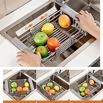 Kệ gác bồn rửa chén bát đa năng có thể thu gọn kéo dài, Giá úp bát, Kệ ráo nước hoa quả