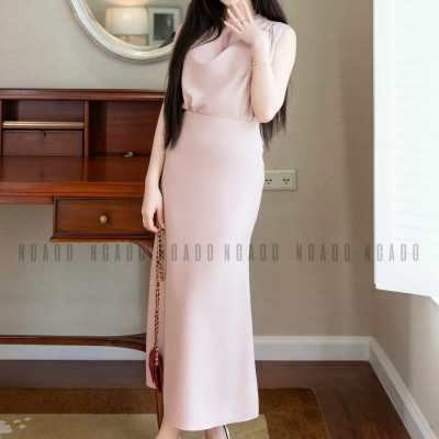 Set áo váy hồng sát nách xếp ly NGADO , set áo váy dài , set áo váy hồng