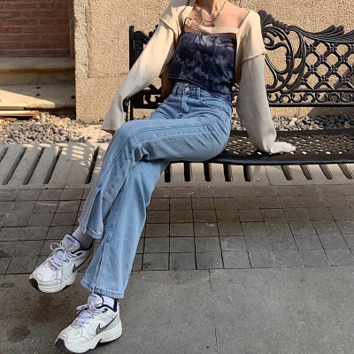 Quần Jeans bò nữ cạp cao lưng cao ống rộng xẻ gấu phong cách ulzzang Hàn Quốc