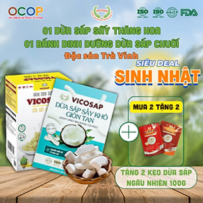 Combo 1 Dừa sáp sấy giòn VICOSAP 1 Bánh dừa sáp chuối ít đường đồ ăn vặt healthy đặc sản Trà Vinh