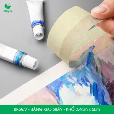 BKG6V - Block 6 cuộn băng keo giấy khổ 2.4cm x 50m - Băng dính giấy viết được, chặn màu sơn