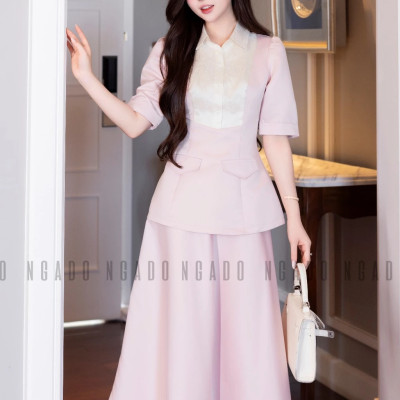 Set áo váy hồng cổ phối trắng NGADO , set áo kèm chân váy xòe , set váy công dở , dự tiệc