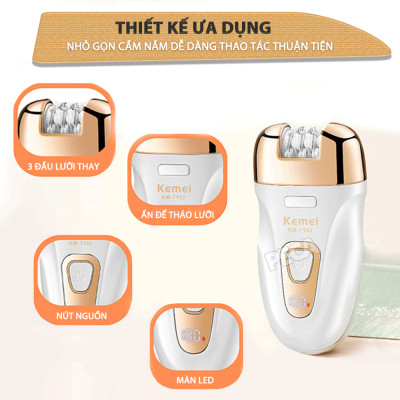 Máy tẩy lông đa năng 3in1 Kemei KM-7102 gồm 3 đầu thay thế chuyên dụng nhổ lông, cạo lông, chà gót chân sử dụng toàn thân - Chính hãng