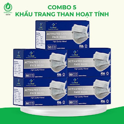 COMBO 5 Hộp Khẩu trang y tế CAEMEDI 4 lớp Than Hoạt Tính, kháng khuẩn, lọc bụi bẩn chuẩn BFE, FDA - Hộp 50 Cái