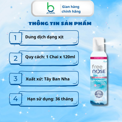 Xịt Mũi Free Nose Ưu Trương Hỗ Trợ Giảm Nghẹt Mũi, Chảy Nước Mũi Dành cho bé từ 3 tháng - Chai 120ml