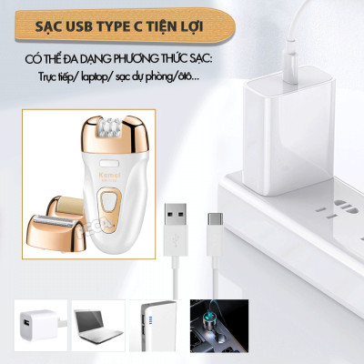 Máy tẩy lông đa năng 3in1 Kemei KM-7102 gồm 3 đầu thay thế chuyên dụng nhổ lông, cạo lông, chà gót chân sử dụng toàn thân - Chính hãng