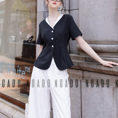 Áo đen cổ viền trắng NGADO , Áo kiểu nữ , áo thiết kế