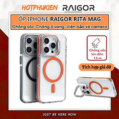 Ốp lưng chống sốc cho iPhone 16 Pro Max iP 15 Pro Max sạc không dây từ tính viền bảo vệ camera kiêm giá đỡ trong suốt hiệu Raigor Rita - Hàng nhập khẩu