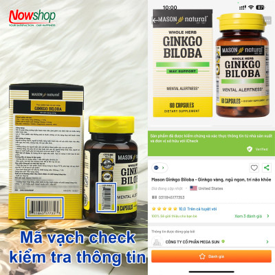 Ginkgo Biloba 125mg Mason Natural Hộp 60 viên giúp hoạt huyết dưỡng não giảm đau đầu chóng mặt