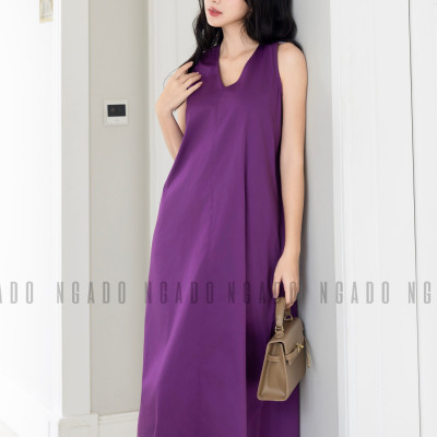 Đầm tím cổ tim NGADO , đầm nữ , Đầm suông , Đầm thiết kế