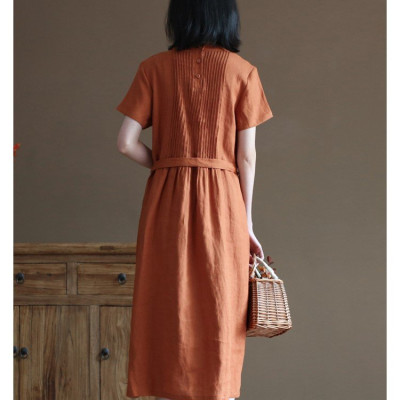 Đầm suông linen nữ cổ tròn kín đáo, đầm có túi chéo tiện lợi, kèm dây thắt eo xinh NH191 cam