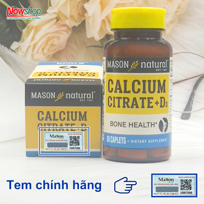 Calcium Citrate + D3 Mason Natural Hộp 60 viên canxi hữu cơ tăng chiều cao chắc xương không sỏi thận