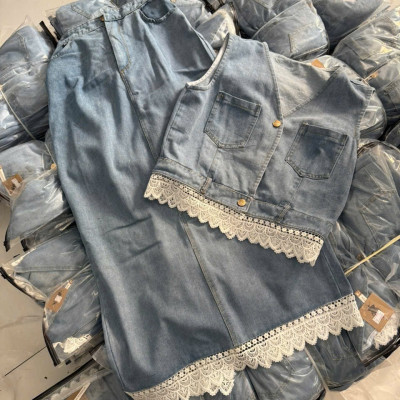 Set Váy Jean Dài Phối Áo Sát Nách Kèm Ren Nữ