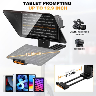 Máy Nhắc Chữ Di Động 12 Inch Dành Cho Máy Ảnh Và Máy Quay, Hỗ Trợ Kẹp Ngang Dọc, Điều Khiển Từ Xa Lensgo TC12 - Hàng Nhập Khẩu