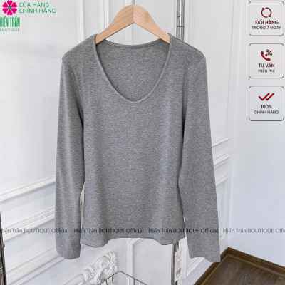 Áo phông nữ dài tay cổ tim Hiền Trần BOUTIQUE chất cotton dẻo cao cấp co giãn áo thun nữ tay dài thu đông A8