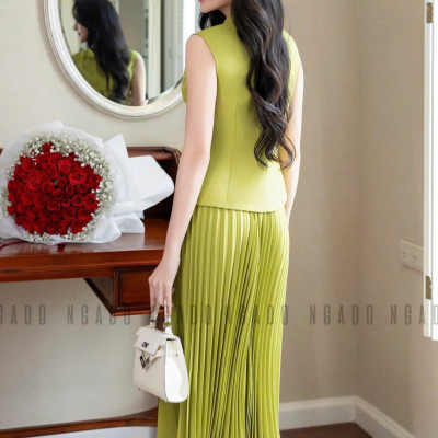 Set áo váy xanh bơ xếp ly NGADO , set áo váy nữ , set công sở , dự tiệc