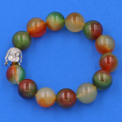 Vòng đeo tay Thạch Anh Xanh Nâu 14 ly cẩn hạt Phật A Di Đà inox bạc VTAXNNLT14