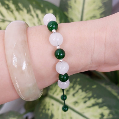 Vòng tay Nữ phong thủy đá mã não trắng mix đá thạch anh xanh và bi bạc kết dây thời trang