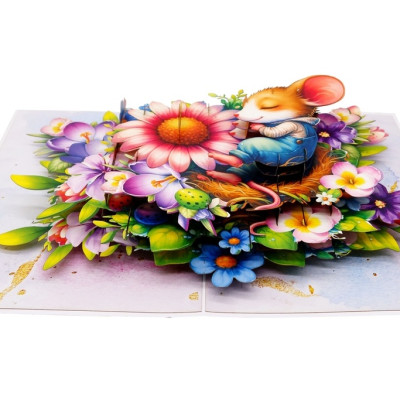 Thiệp 3D Chuột Con Ngủ Trong Vườn Hoa – Thiệp Pop Up Dễ Thương, Độc Đáo Tặng Sinh Nhật, Lễ Tình Nhân, Ngày Quốc Tế Thiếu Nhi, F59