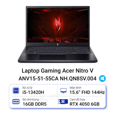 Laptop Gaming Acer Nitro V ANV15-51-55CA NH.QN8SV.004 (Intel Core i5-13420H | RTX 4050 6GB | 16GB | 512GB | 15.6 inch FHD | Win 11 | Đen) - HÀNG CHÍNH HÃNG