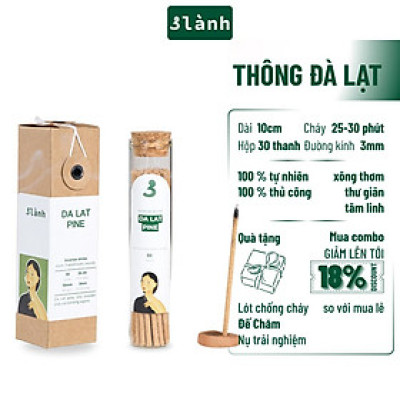 Nhang Thủ Công Thông Đà Lạt 3 Lành Hộp 30 Que 100 % Tự Nhiên Tặng Kèm Đế Chăm Không Hóa Chất Xông Thơm