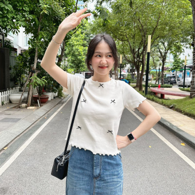 Áo thun áo nữ đính nơ phía trước dễ thương nữ tính Bows Miều Est.2013