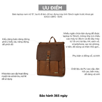 Balo Da Nam Nữ Đựng Laptop Thời Trang Ngăn Trước Khoá Gài IDIGO UBP2 - 6015, Balo Công Sở Cao Cấp