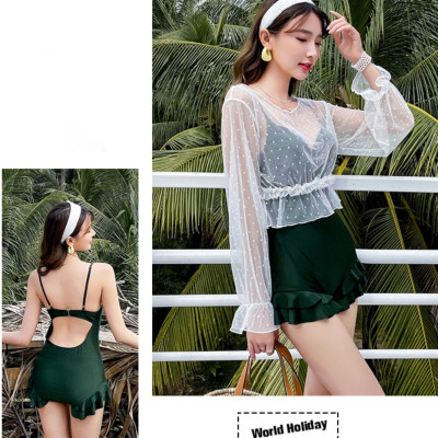 Bộ đồ bơi bikini nữ 1 mảnh đi tắm biển kèm áo croptop ren trắng chấm bi tiểu thư hot trend 2021- B05