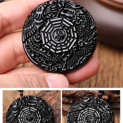 Dây chuyền nam nữ Unisex phong thủy LONG PHỤNG SUM VẦY bát quái may mắn bình an, dây chuỗi, mặt đá huyền đen