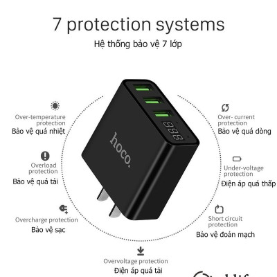 Cốc Sạc HOCO 3 cổng USB C15 điện áp 3A - màn hình LCD hiển thị điện áp (Đen hoặc trắng) - Hàng nhập khẩu