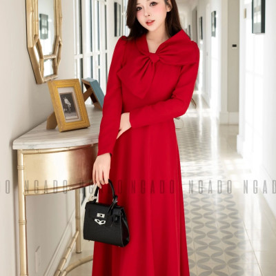 Đầm đỏ cổ phối nơ NGADO , đầm dự tiệc dáng dài