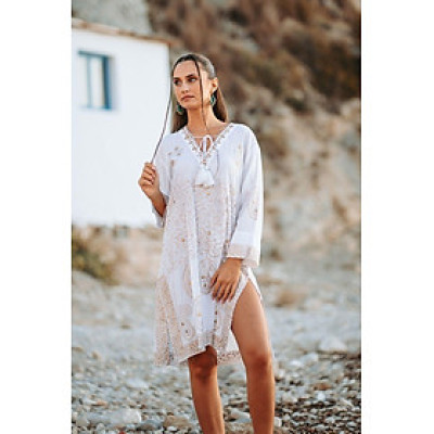 Đầm Trắng Xẻ Tà Vẽ Ánh Kim Cotton Isla Bonita