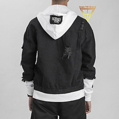 Áo khoác jean nam đen phối nón nỉ trắng cao cấp phong cách trẻ trung