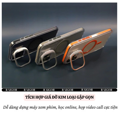 Ốp lưng chống sốc cho iPhone 16 Pro Max iP 15 Pro Max sạc không dây từ tính viền bảo vệ camera kiêm giá đỡ trong suốt hiệu Raigor Rita - Hàng nhập khẩu